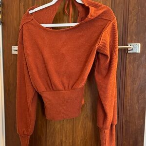 Anthropologie - Maeve Off-the-Shoulder Ribbed Sweater in Rust Orange